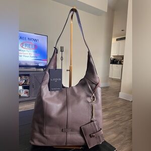 NWT LODIS Hobo Top Grain Leather Shoulder Bag Dark stone w/matching card case